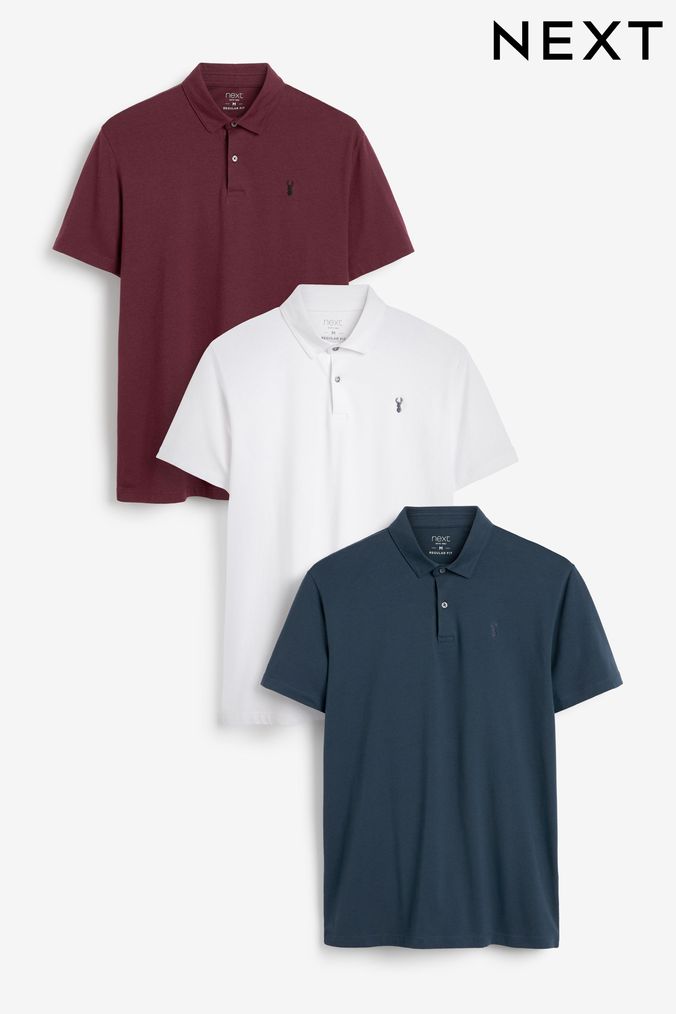 Navy/White/Burgundy Jersey Polo Shirts 3 Pack (693669) | £40