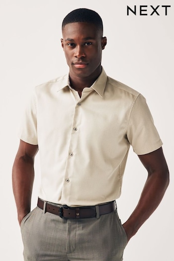 Neutral Brown Slim Fit Short Sleeve Trimmed Formal Shirt (693969) | £30
