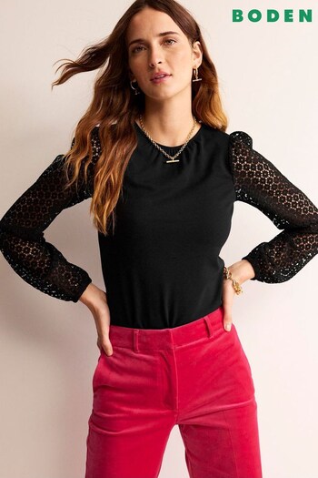Boden Black Crew Neck Lace-Sleeve Top (694578) | £60