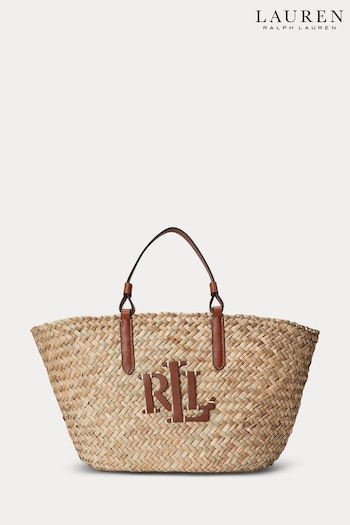 Lauren Ralph Lauren Natural Marcy Straw Leather Trim Orbit Tote Bag (695123) | £299