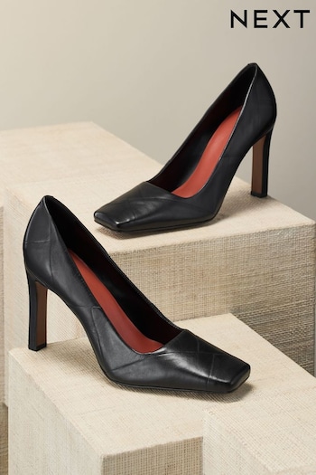 Black Premium Leather Square Toe Weave Heels (695655) | £82
