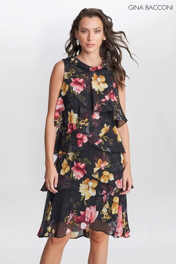 Gina Bacconi Candy Print Tiered Black Dress With Foldover Neckline (695875) | £199