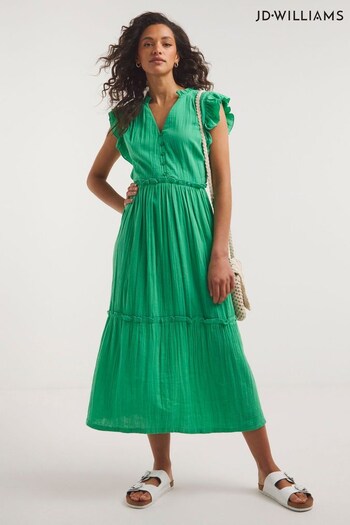 JD Williams Green Cheesecloth Smock Midi Dress With Shirred Shoulder (696759) | £42