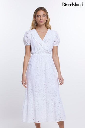 River Island Brodeire Wrap Midi White Dress (696941) | £65