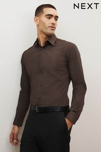 Chocolate Brown Slim Fit Single Cuff Easy Care Single Cuff Shirt (696968) | £20