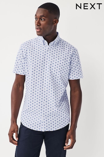 White/Blue Hummingbird Regular Fit Short Sleeve Easy Iron Button Down Oxford Shirt (697090) | £20