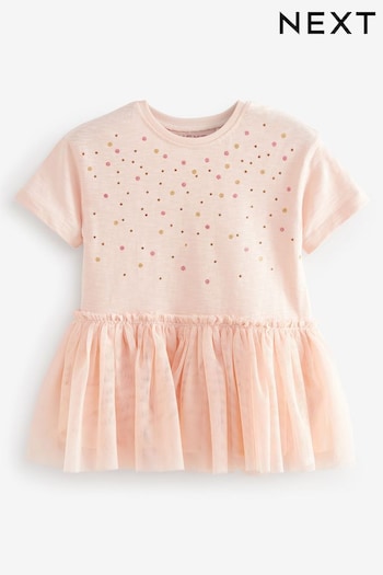 Pink Short Sleeve Jersey Mesh Dress (3mths-7yrs) (697187) | £11 - £13
