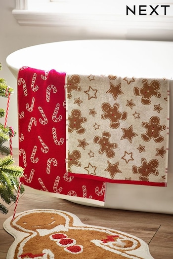 Set of 2 Natural Gingerbread & Candy Cane Christmas 100% Cotton Towels (697500) | £15