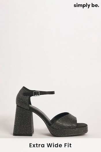 Simply Be Black Diamante Heel Platform Sandals Konseal In Extra Wide Fit (698295) | £42