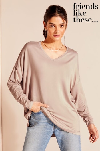 Friends Like These Mink Brown Long Sleeve V Neck Super Soft Jersey Tunic (698605) | £22