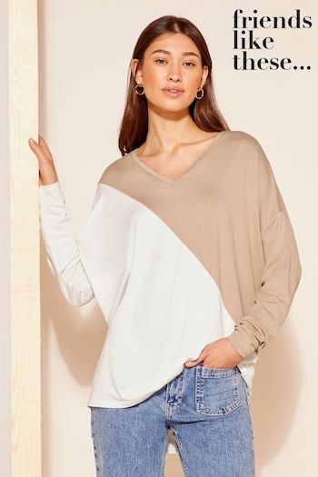 Friends Like These Cream Soft Jersey V Neck Long Sleeve Tunic Top (698606) | £22