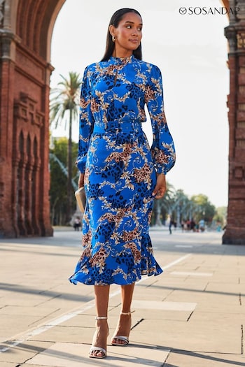 Sosandar Blue Conversational Belted Fit And Flare Dress (698743) | £79