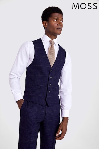 MOSS Navy Blue Slim Fit Check Suit Waistcoat (698786) | £80