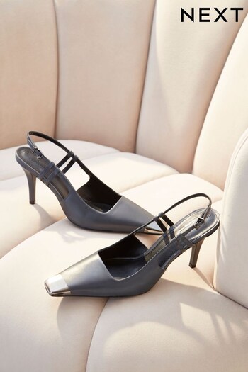 Grey Premium Leather Metal Chisel Toe Slingback Heel Shoes (699202) | £69