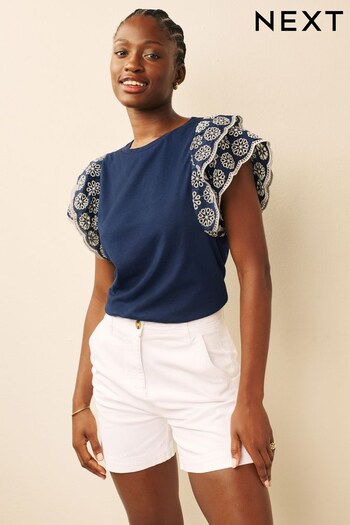 Navy Broderie Frill Sleeve Jersey Top (699289) | £22