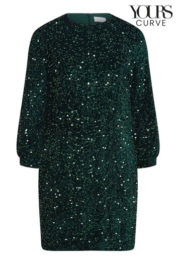 Yours Curve Green London Sequin Velvet Bellow Sleeve Shift Dress (6X9574) | £49