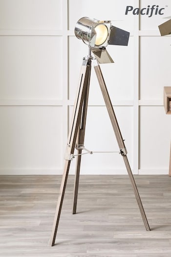 Pacific Grey Hereford Wood And Silver Metal Film Tripod Floor Lamp (700631) | £150