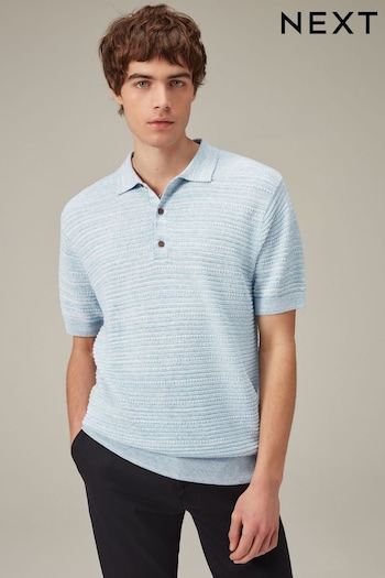 Blue Texture Linen Blend Knitted Polo Shirt (700935) | £32