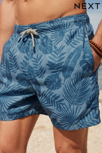 Light Blue Textured Leaf Regular Fit Printed Swim Shorts step (701076) | £18