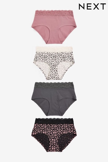 Black/Grey/Cream/Pink Printed Midi Cotton and Lace Knickers 4 Pack (701130) | £18