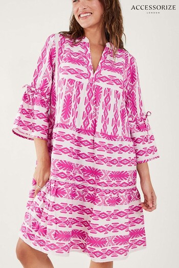 Accessorize Pink Print Jacquard Flute Sleeve Dress with Sustainable Cotton (701309) | £45