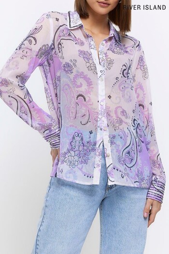 River Island Purple Printed Embellished Cuff Shirt (702062) | £39