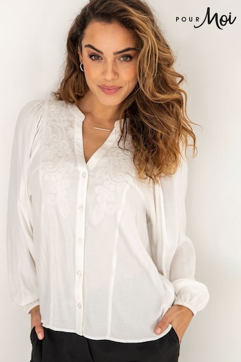 Pour Moi White Stacie Fuller Bust Embroidered Woven Long Sleeve Blouse (702083) | £39