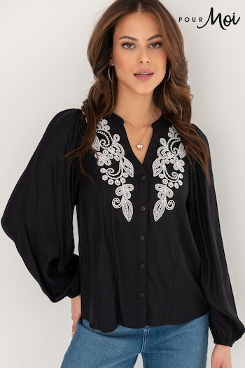 Pour Moi Black Stacie Fuller Bust Embroidered Woven Long Sleeve Blouse (702159) | £39
