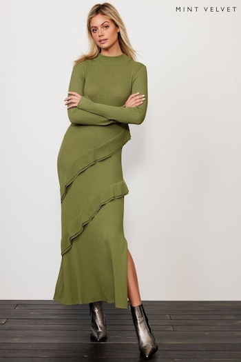 Mint Velvet Green Ruffle Detail Knit Dress (702405) | £129