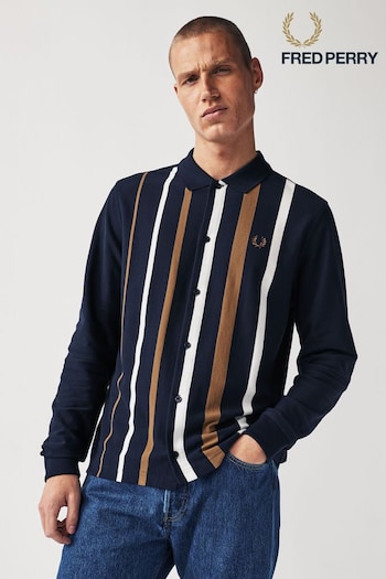Fred Perry Navy Striped Button Through Long Sleeve Polo Saw Shirt (703078) | £110
