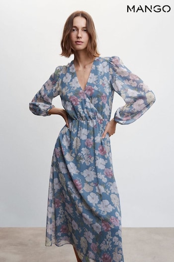 Mango Blue Floral Chiffon Dress (703555) | £50