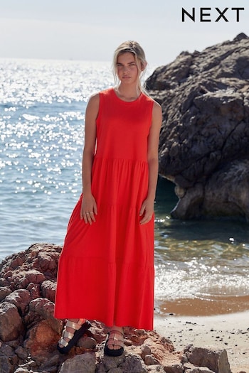 Orange Sleeveless Crew Neck Tiered Summer Maxi Dress (704738) | £26
