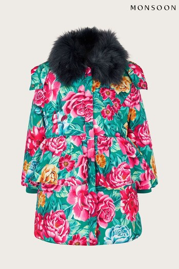 Monsoon Green Floral Printed Padded Coat (704945) | £65 - £75