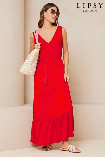 Lipsy Red Jersey Belted V Neck Tiered Maxi Dress with (705367) | £36