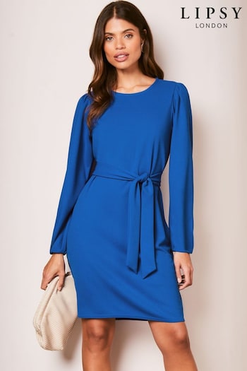 Lipsy Blue Long Sleeve Round Neck Tie Waist Shift Dress (705616) | £39