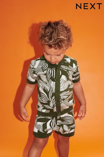 Green Leaf Print Knitted Shirt and Shorts Set (3mths-10yrs) (705914) | £20 - £24