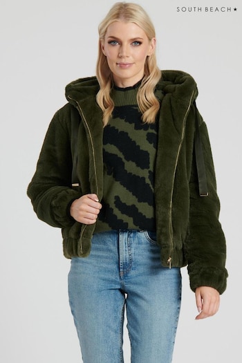 South Beach Green Faux Fur Hooded Jacket (705923) | £59