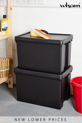 Wham Set of 2 Black Bam 62L Heavy Duty Plastic Recycled Boxes With Lid (706427) | £36