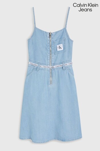 Calvin Beige Klein Jeans Girls Blue Strappy Denim Midi Dress (706565) | £85