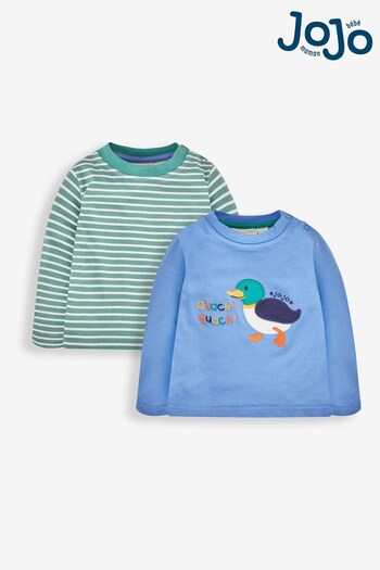 JoJo Maman Bébé Blue 2-Pack Duck Appliqué & Stripe Baby Tops (706725) | £19.50
