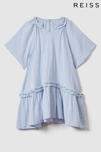 Reiss Blue Millie Teen Seersucker Cotton Ruffle Dress Leg (707341) | £58