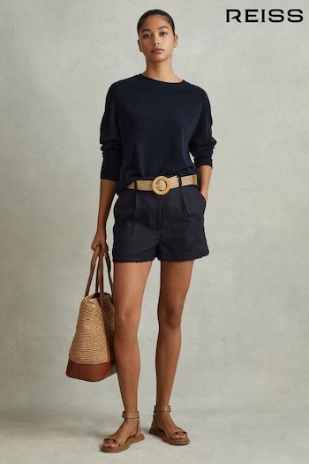 Reiss Navy Belle Linen Belted Shorts embroidered-boat (707382) | £118
