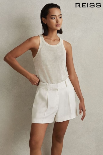 Reiss White Lori Viscose-Linen Front Pleat Suit Shorts embroidered-boat (707490) | £148