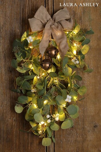 Laura Ashley Green Pre-Lit LED Eucalyptus Hanging Bouquet with Rattan Bow 22" Christmas Decoration (707758) | £58