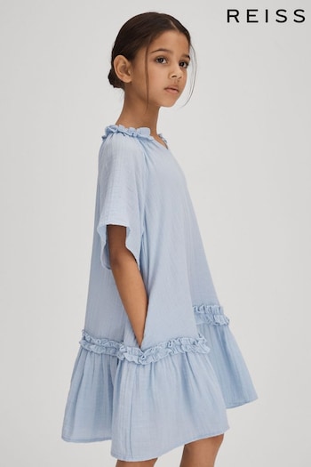 Reiss Blue Millie Senior Seersucker Cotton Ruffle Dress embroidered-logo (707994) | £55