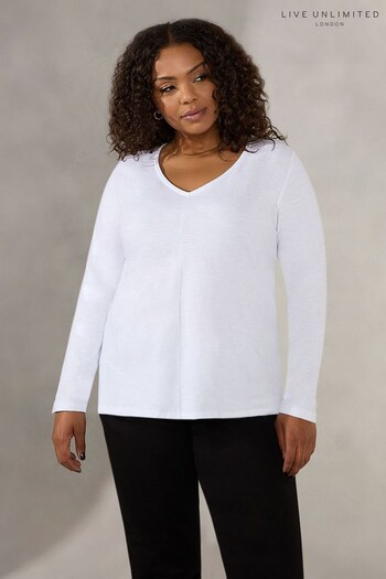 Live Unlimited Curve - Cotton Slub V-Neck Long Sleeve White T-Shirt (708041) | £39