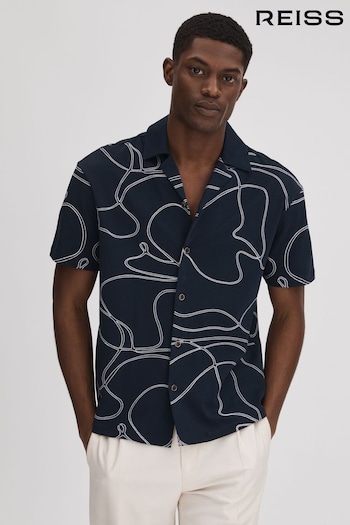 Reiss Navy Menton Cotton Jersey Embroidered Shirt (708152) | £110