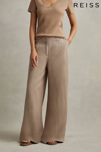 Reiss Mink Neutral Demi Petite Linen Wide Leg Garment Dyed Trousers huntley (708169) | £150