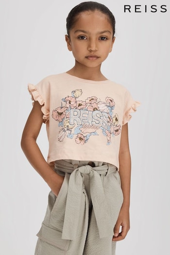 Reiss Pink Saskia Junior Ruffle Sleeve Cropped Motif T-Shirt (708171) | £18