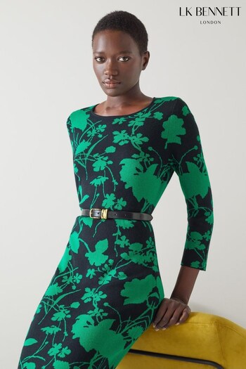 LK Bennett Joni Navy and Green Cotton-Sustainably Sourced Merino Black Dress (708251) | £279